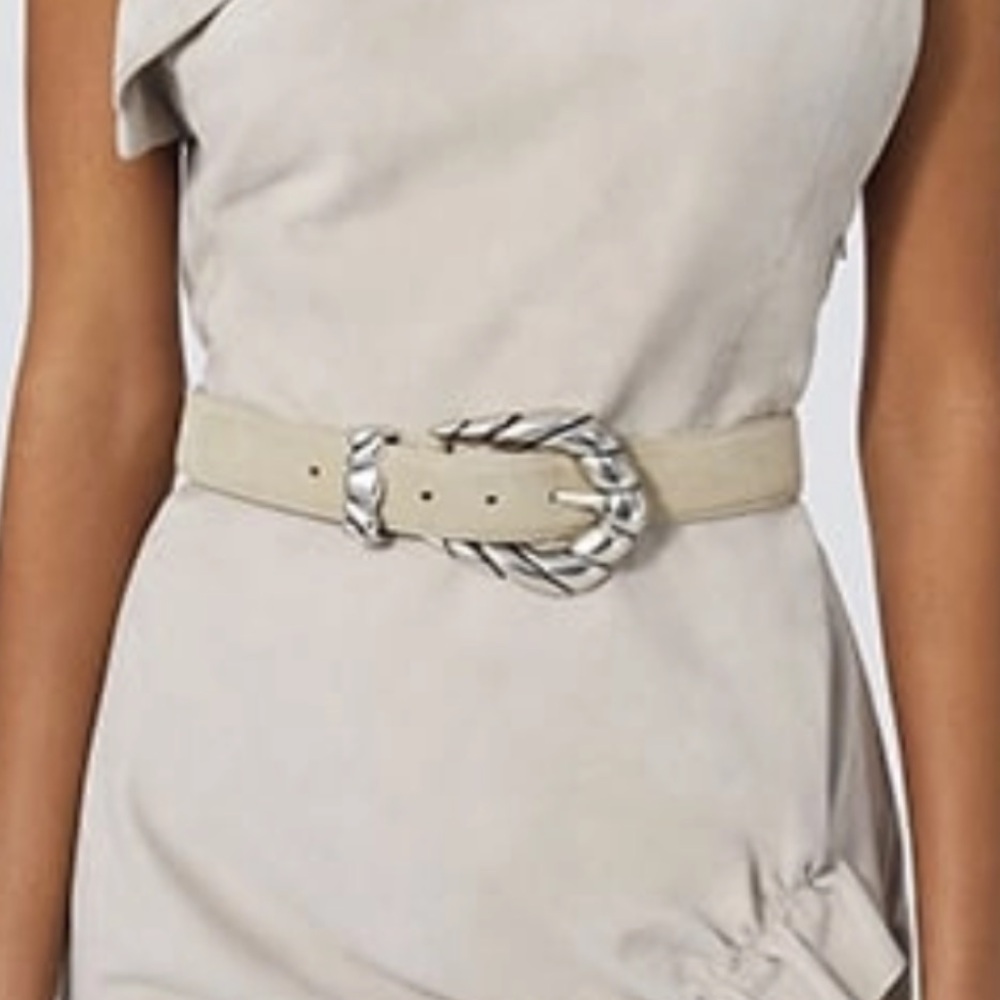 IRO Embella Suede Leather Belt With Sculpted Buckle Size 65 Cream Silver Western